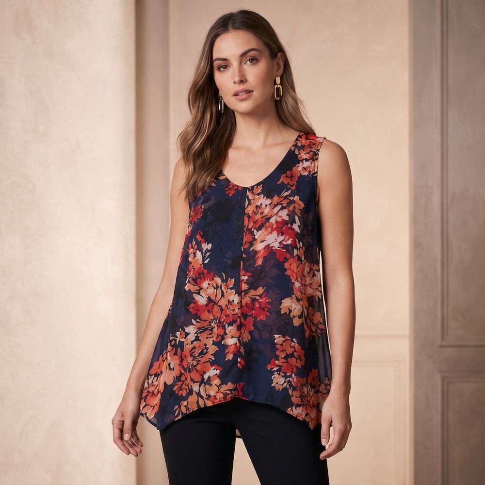 Roz Ali Sleeveless Top Navy Floral Coral Flowy Overlay Boho Office Resort 1X